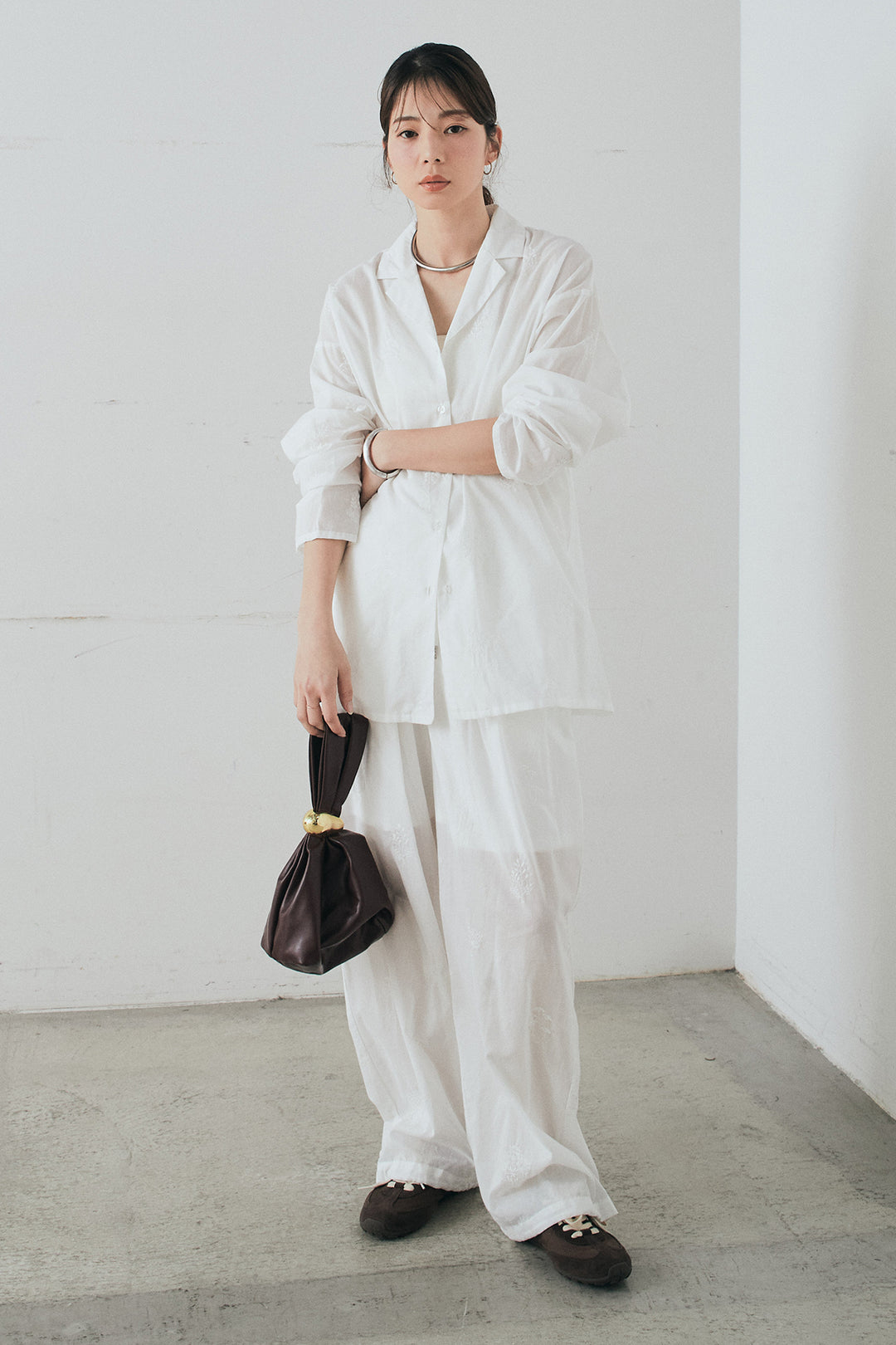 [SET]刺繍ローンオープンカラーシャツ+刺繍ローンタックイージーパンツ(2set)