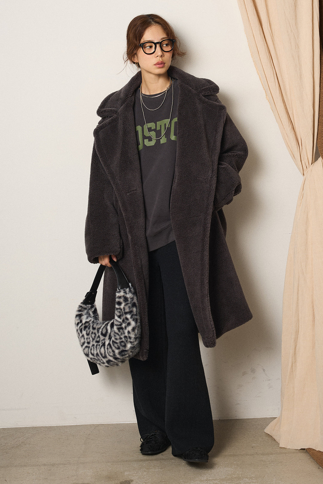 [SET]テディボアロングコート+ロゴデザインルーズスウェット+ワイドリブニットイージーパンツ(3set)