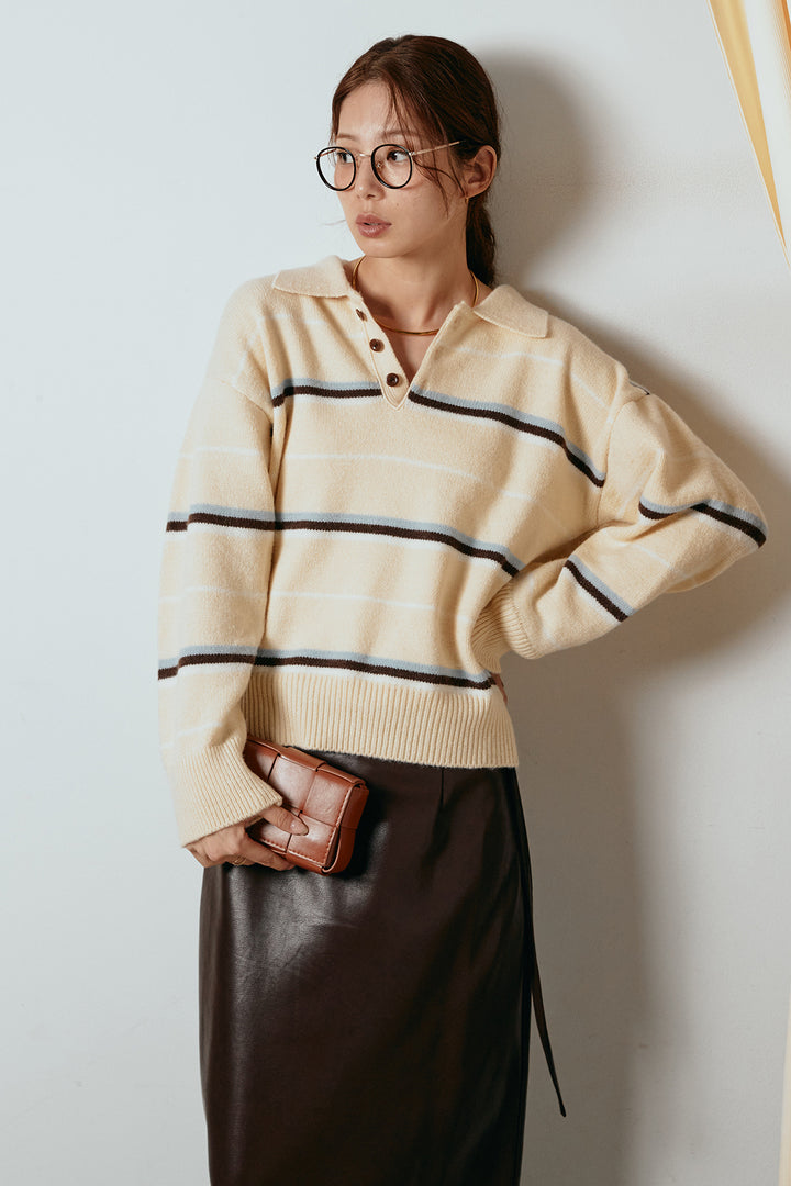 [SET]襟付きマルチボーダーニットポロトップス+紐付きフェイクレザーワイドスカート(2set)