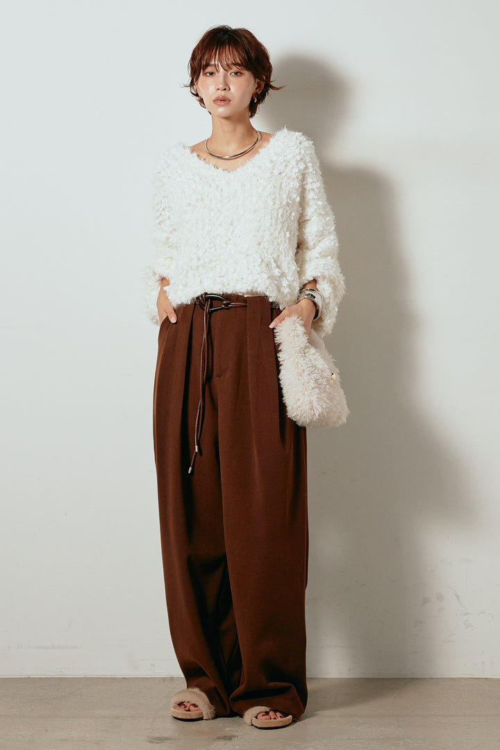 [SET]深Vネックチョウチョヤーンニットトップス+細フェイクレザーベルト付きワイドタックパンツ(2set)