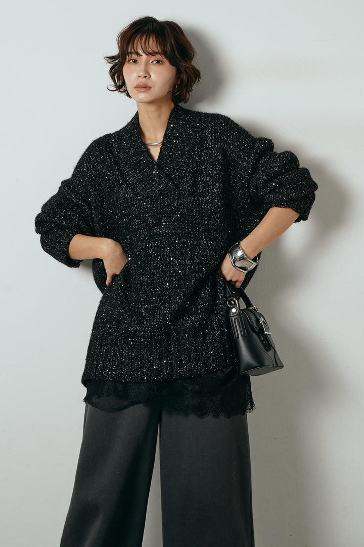 [SET]Vネックラメニットトップス+裏起毛スウェットワイドパンツ+レース切り替えキャミソール(3set)