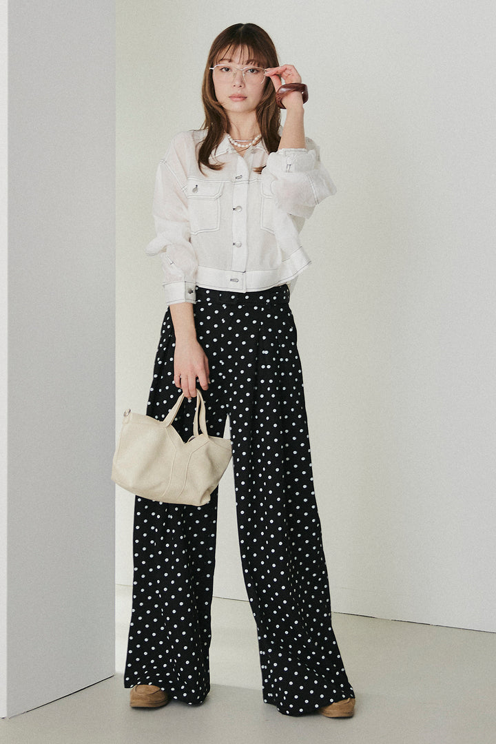 [SET]配色ステッチシアーシャツ+ベルト付きドット柄ワイドパンツ(2set)