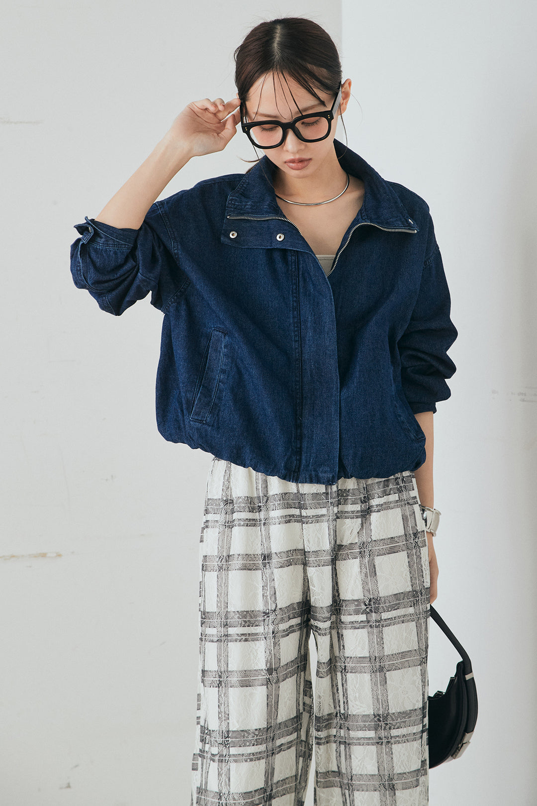 [SET]スタンドカラーデニムブルゾンジャケット+レースチェックワイドイージーパンツ(2set)