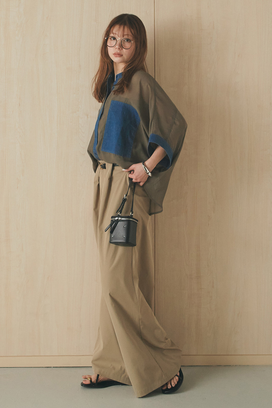 [SET]デニムライクビッグツーポケシアーシャツ+ベルトループデザインハイウエストタックパンツ(2set)