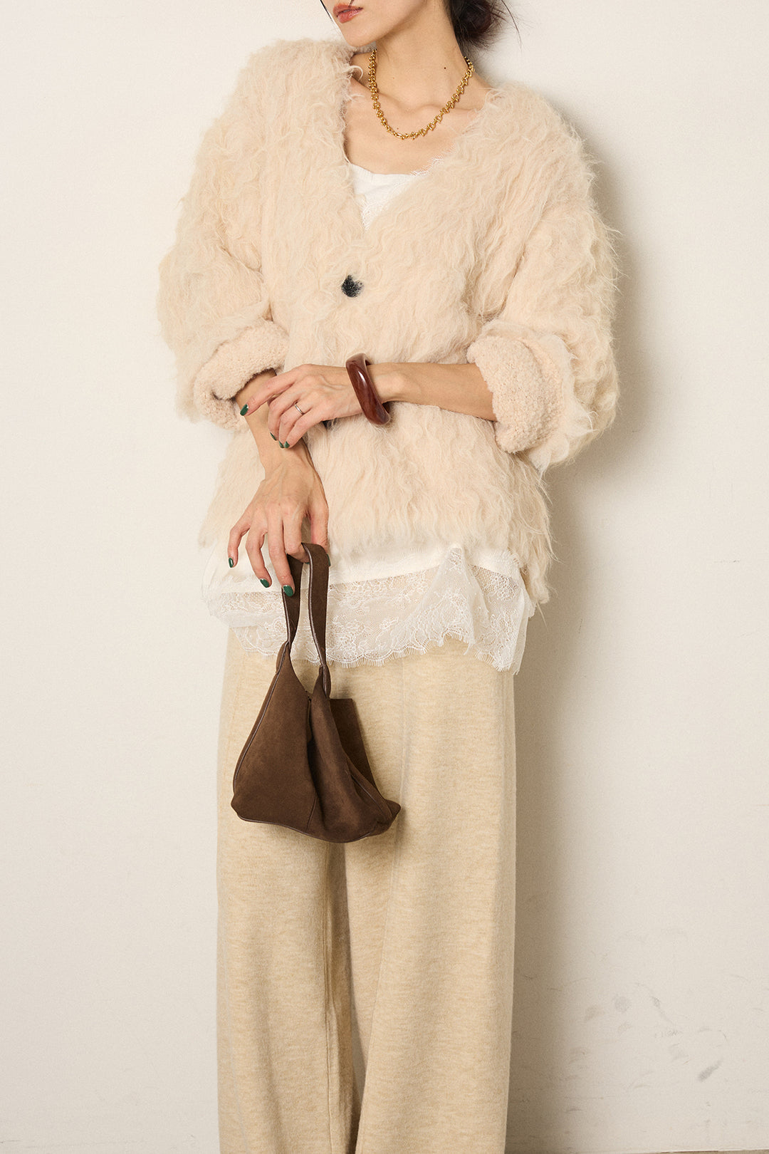 [SET]起毛シャギーニットカーディガン+センターラインニットパンツ(2set)