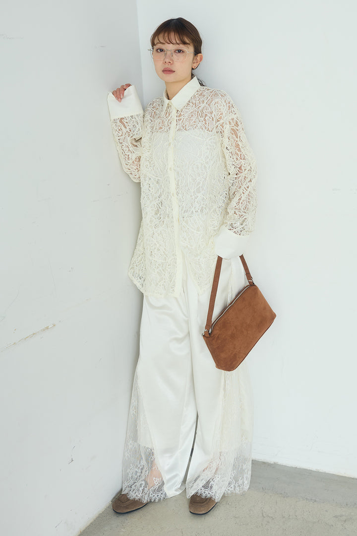 [SET]刺繍レースオーバーサイズシャツ+サテンレース切り替えタックパンツ(2set)
