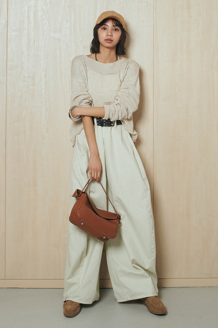 [SET]麻混リラックスニットトップス+ベルト付きカラーデニムパンツ(2set)