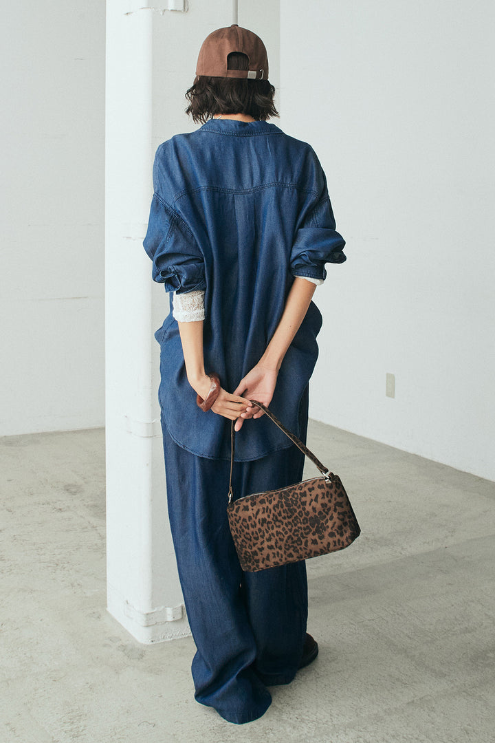 [SET]テンセルデニムシャツ+テンセルデニムイージーワイドパンツ+ストレッチレースクルーネックインナー(3set)