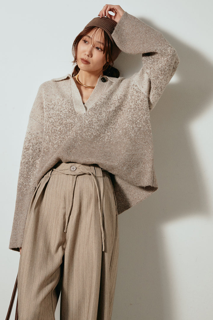 [SET]グラデーションラメニットキーネックプルオーバー+ストライプヘリンボーンパンツ(2set)