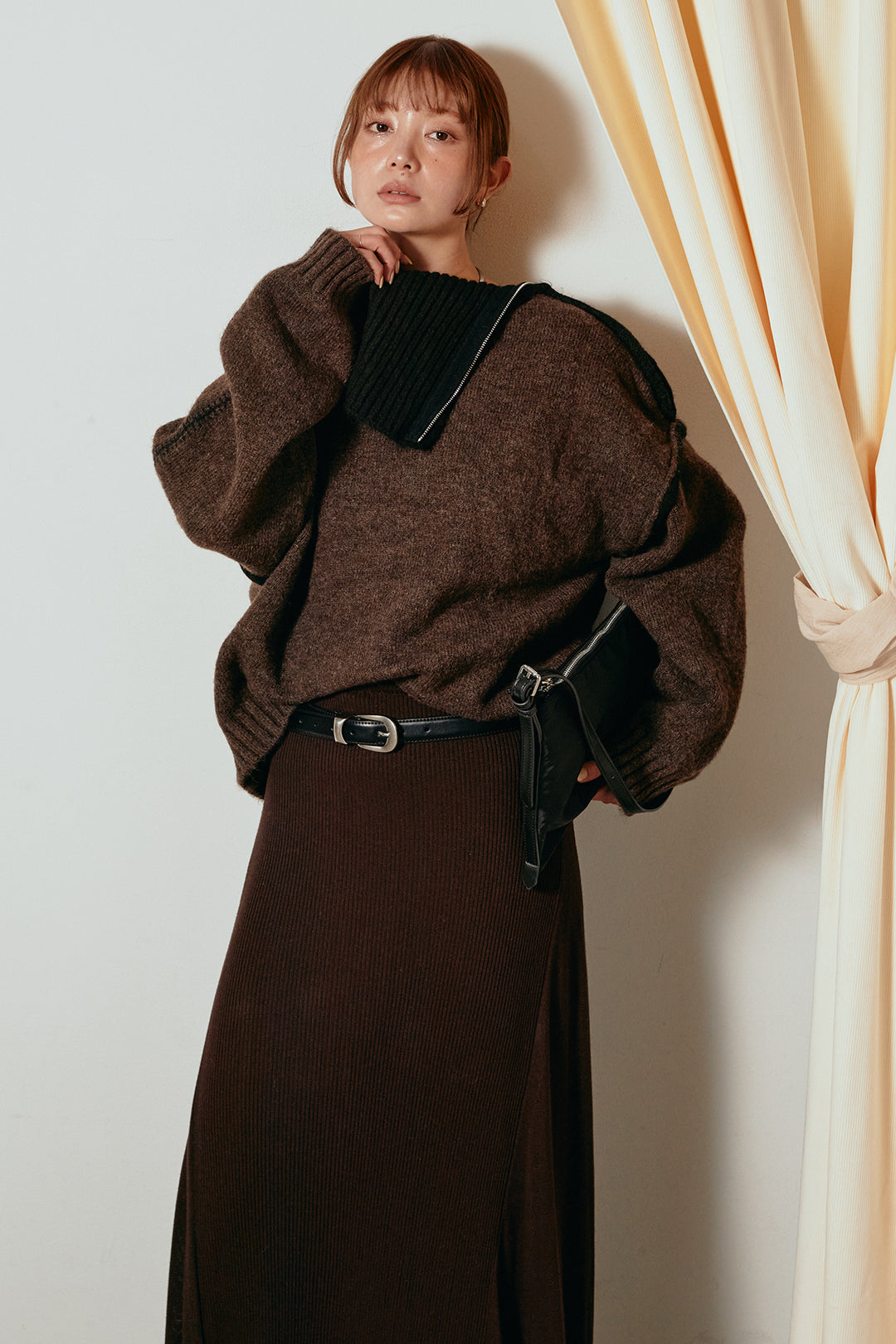 [SET]ハイネックジップデザインニットトップス+サイド切り替えリブニットロングスカート(2set)