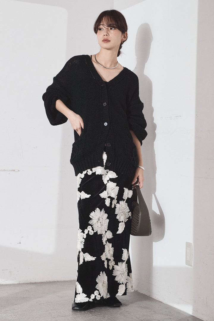 [SET]コード刺繍リラックスニットカーディガン+フラワー刺繍ワイドスカート(2set)