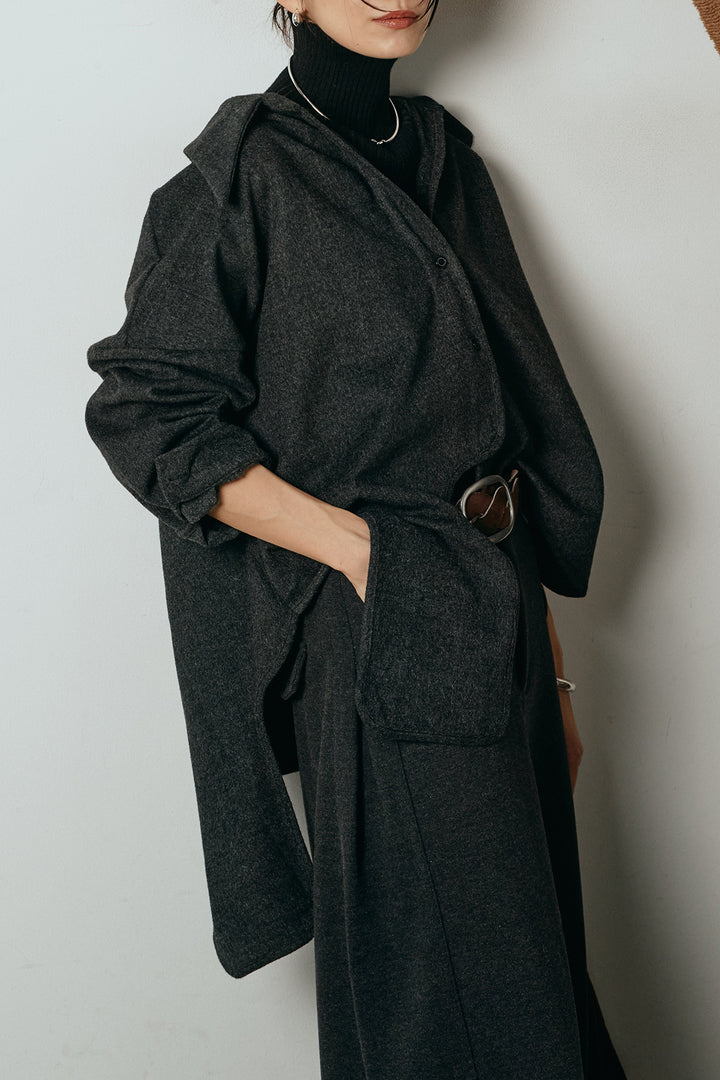 [SET]裾アシンメトリーデザインシャツ+編みベルト付きワイドパンツ+リブニットシームレスタートルプルオーバー(3set)