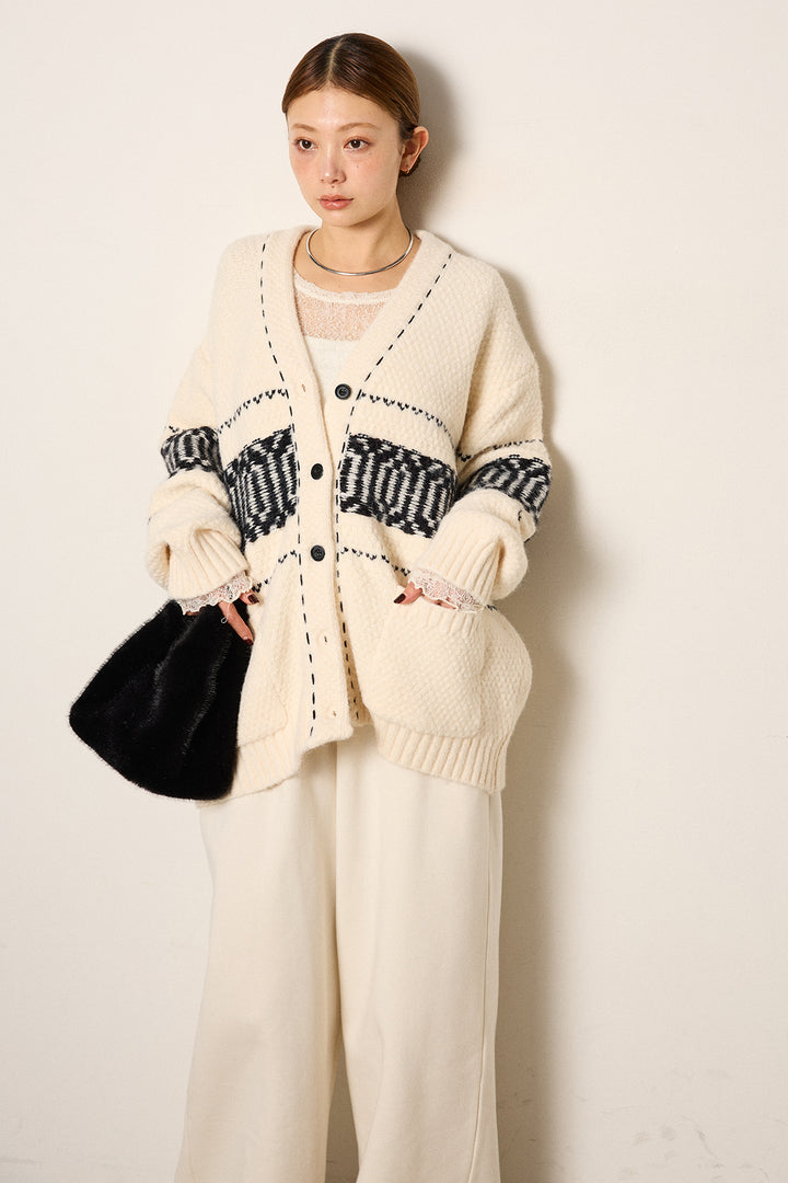 [SET]ライン柄ステッチニットカーディガン+2WAY袖コード刺繍クルーネックプルオーバー+裏起毛スウェットワイドパンツ(3set)