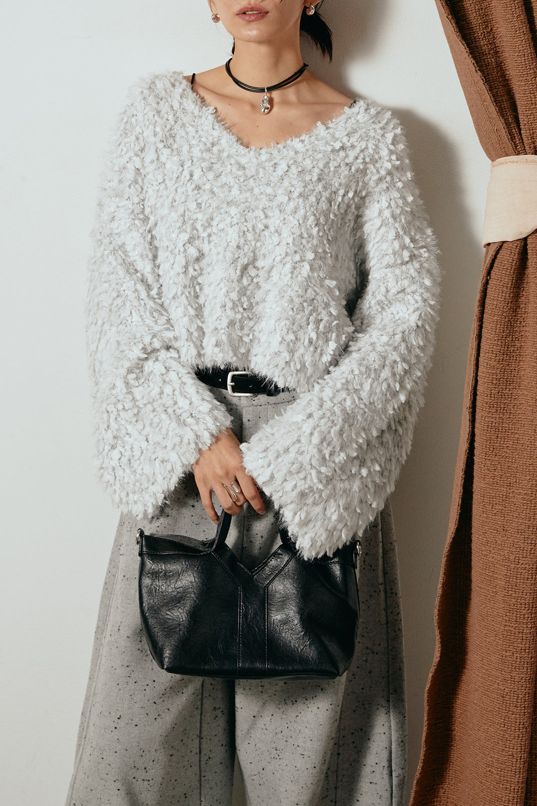 [SET]深Vネックチョウチョヤーンニットトップス+ベルト付きネップツイードカーブパンツ(2set)