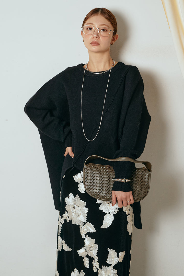 [SET]アシンメトリーデザインニットトップス+フラワー刺繍ワイドスカート(2set)