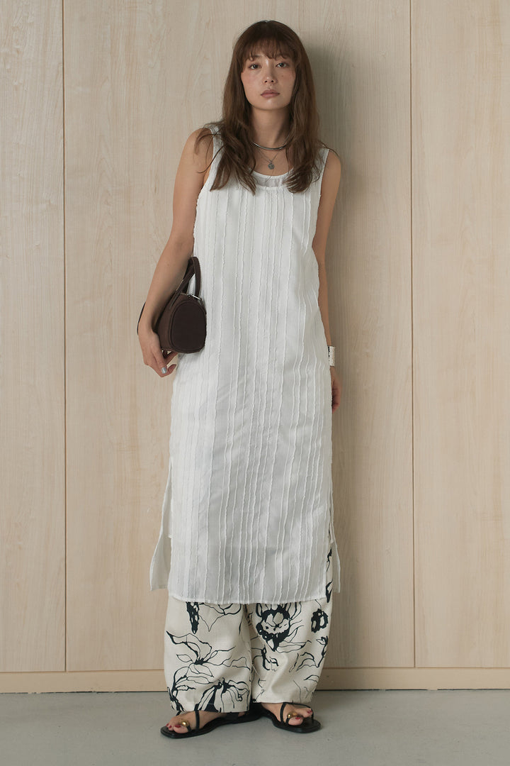 [SET]Uネックストライプジャガードワンピース+フラワープリントニュアンスパンツ(2set)