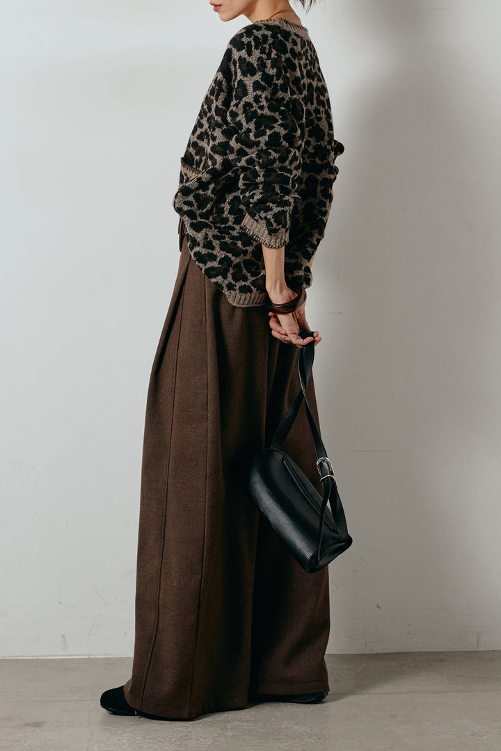[SET]ステッチデザインレオパードニットカーディガン+ポーチベルト付きカーブパンツ(2set)