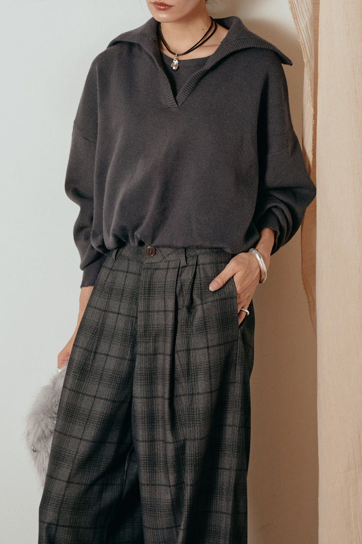 [SET]レイヤードデザインバルーンニット+タック入りタータンチェックワイドパンツ(2set)