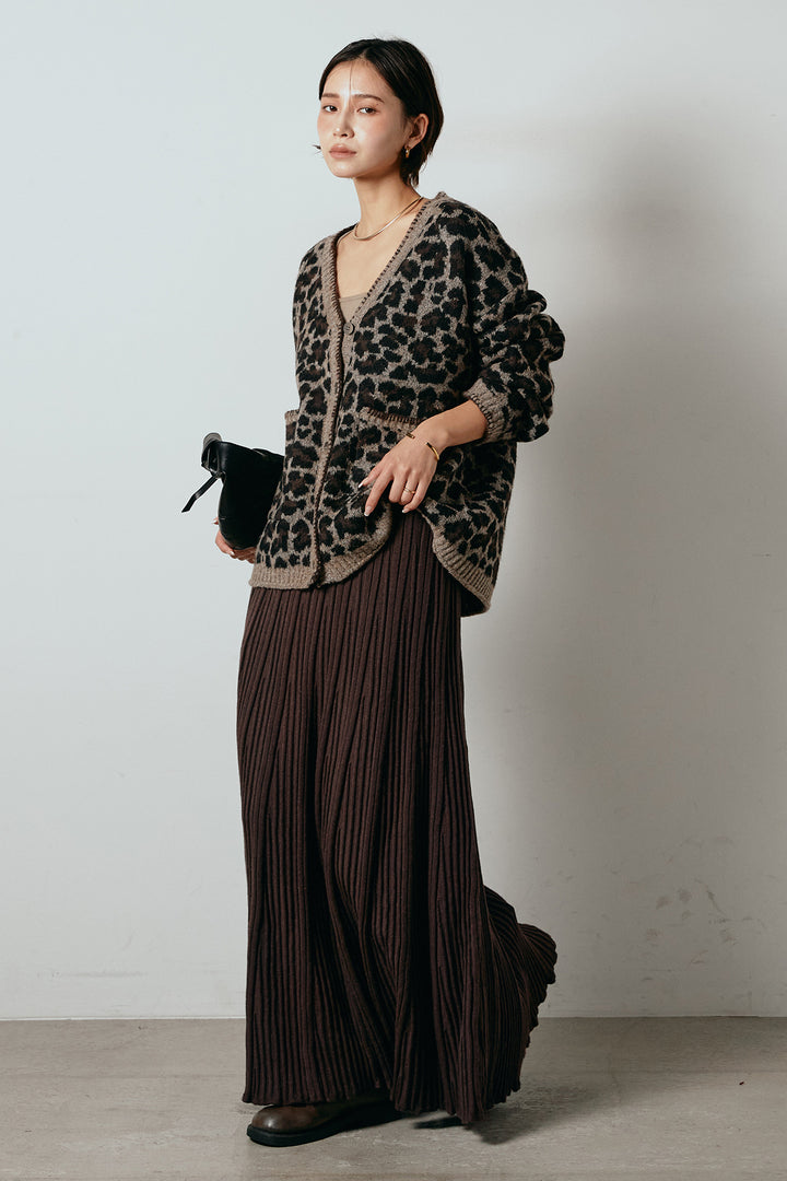 [SET]ステッチデザインレオパードニットカーディガン+リブニットフレアスカート(2set)