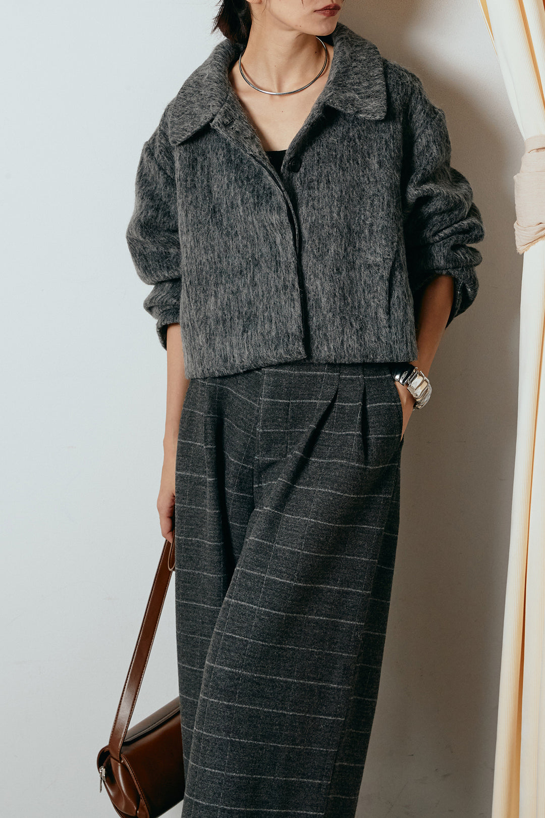 [SET]シャギーショートジャケット+スクエアチェック柄ワイドパンツ(2set)