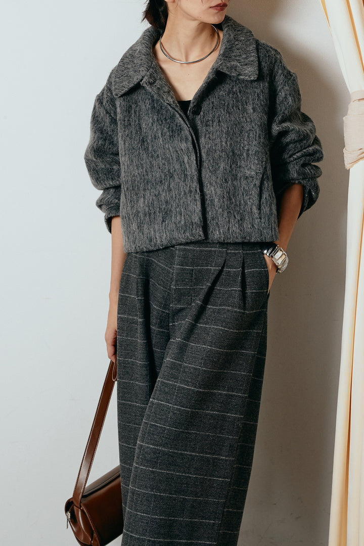 [SET]シャギーショートジャケット+スクエアチェック柄ワイドパンツ(2set)