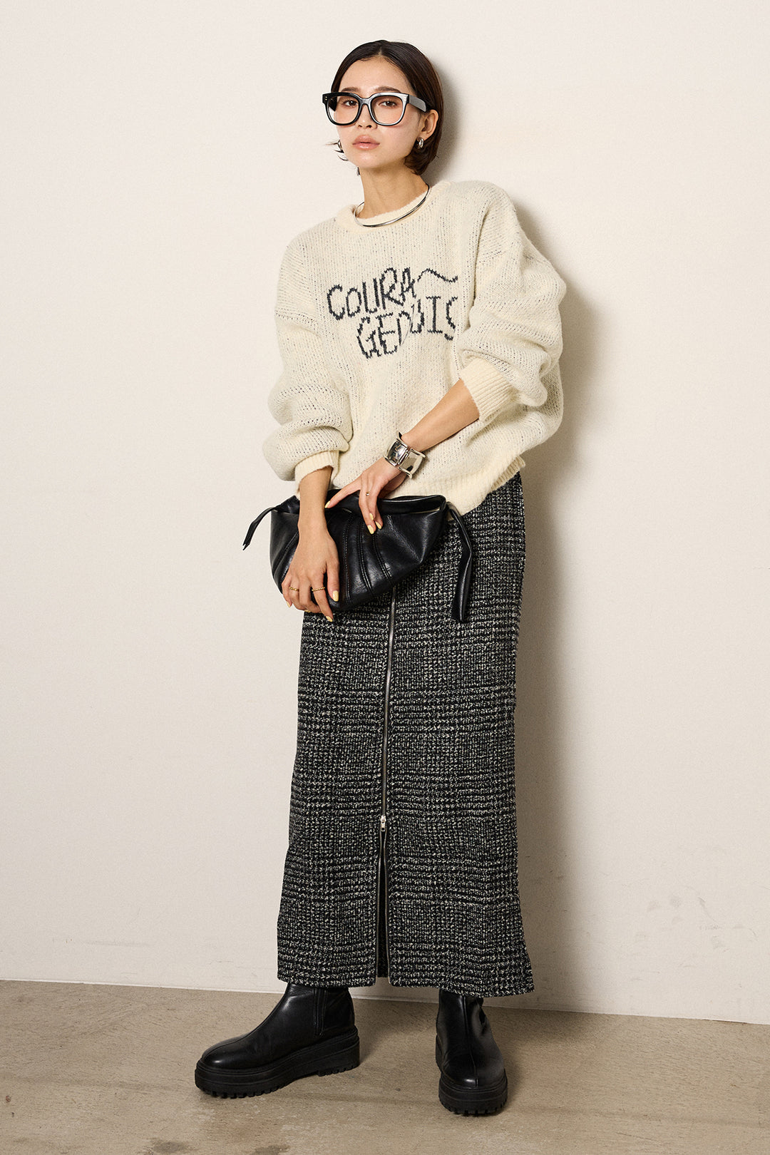 [SET]ロゴシャギーニットプルオーバー+グレンチェック柄フロントジップタイトスカート(2set)