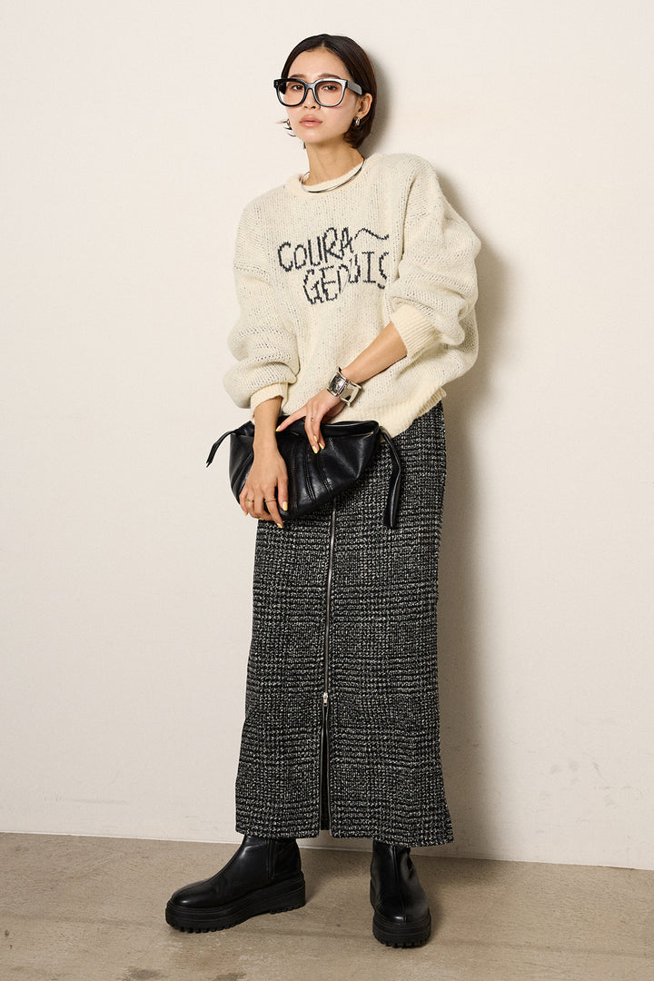 [SET]ロゴシャギーニットプルオーバー+グレンチェック柄フロントジップタイトスカート(2set)
