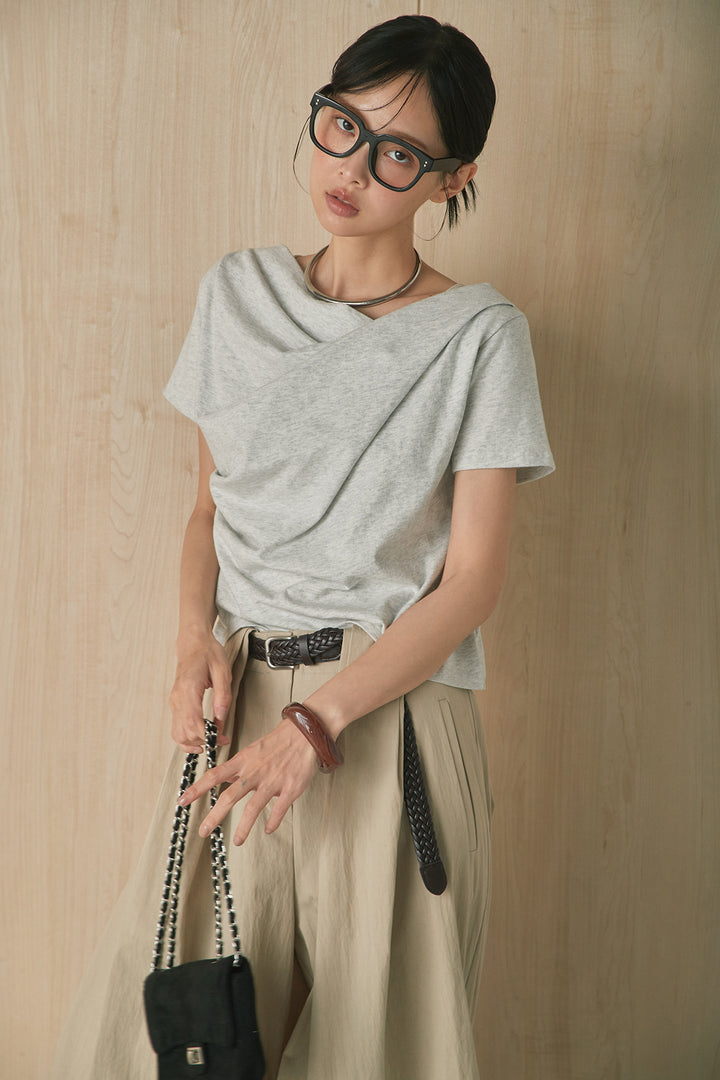 [SET]綿天竺半袖オフショルTシャツ+ニーサイドタックボリュームカーブパンツ(2set)
