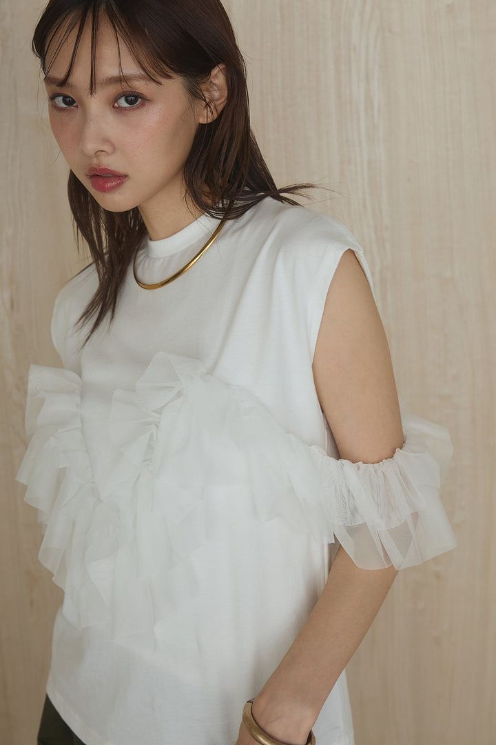 [SET]チュールフリルフレンチTシャツ+ルーズカーゴワイドパンツ(2set)