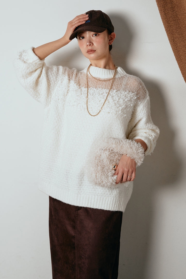 [SET]パターンランダム編みニットトップス+スウェードライク裾フリンジスカート(2set)