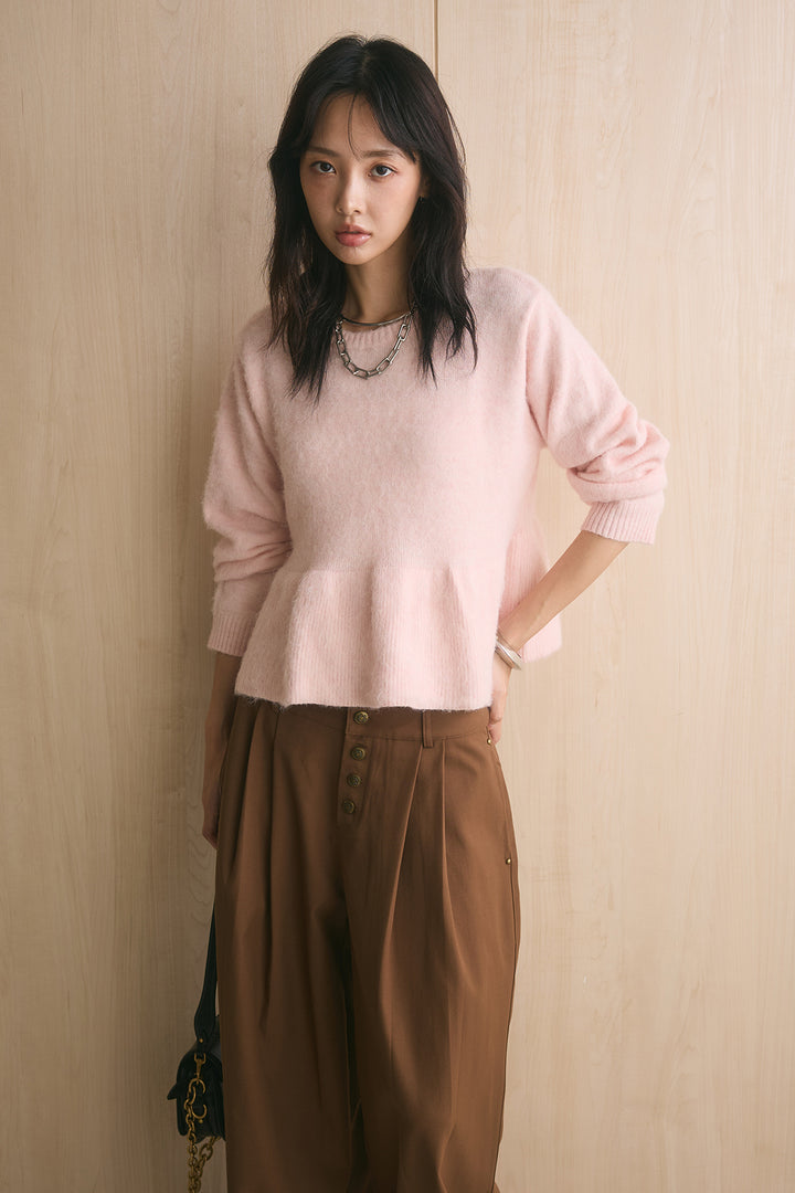 [SET]モヘアぺプラムクルーネックプルオーバー+ファイブボタンツータックワイドパンツ(2set)