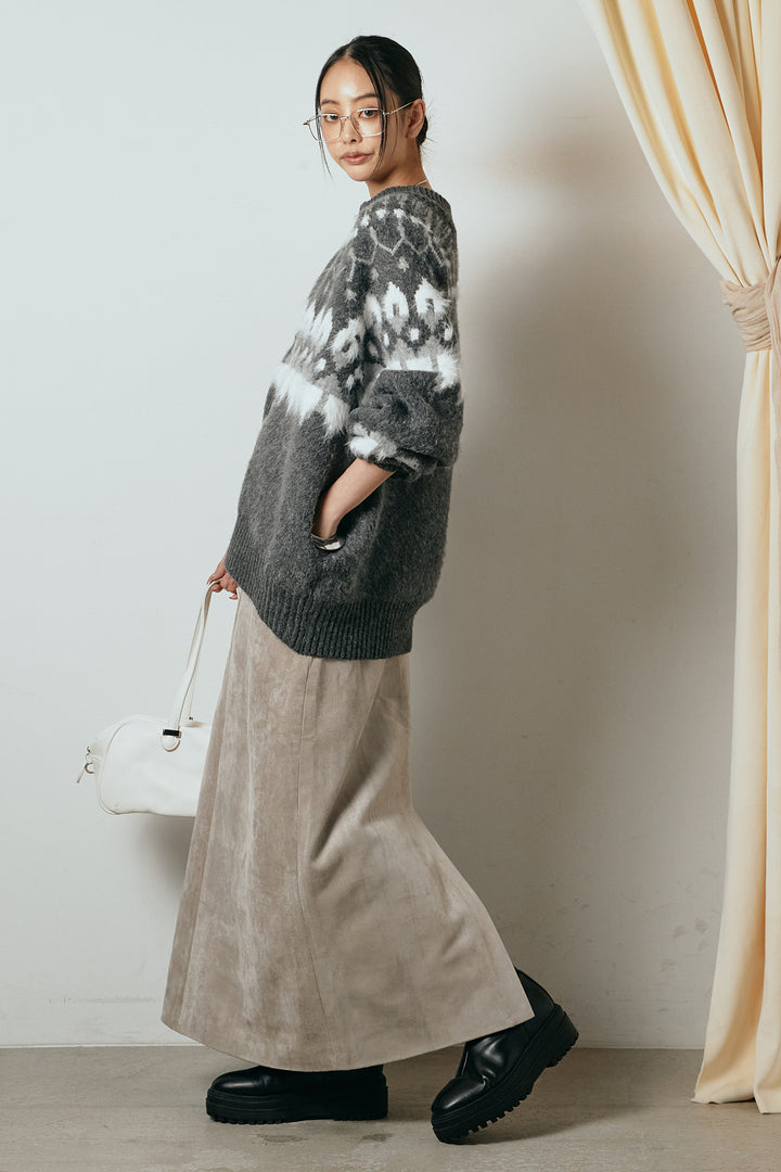 [SET]起毛ダブルジップパターンニットカーディガン+エコスウェードワイドスカート(2set)