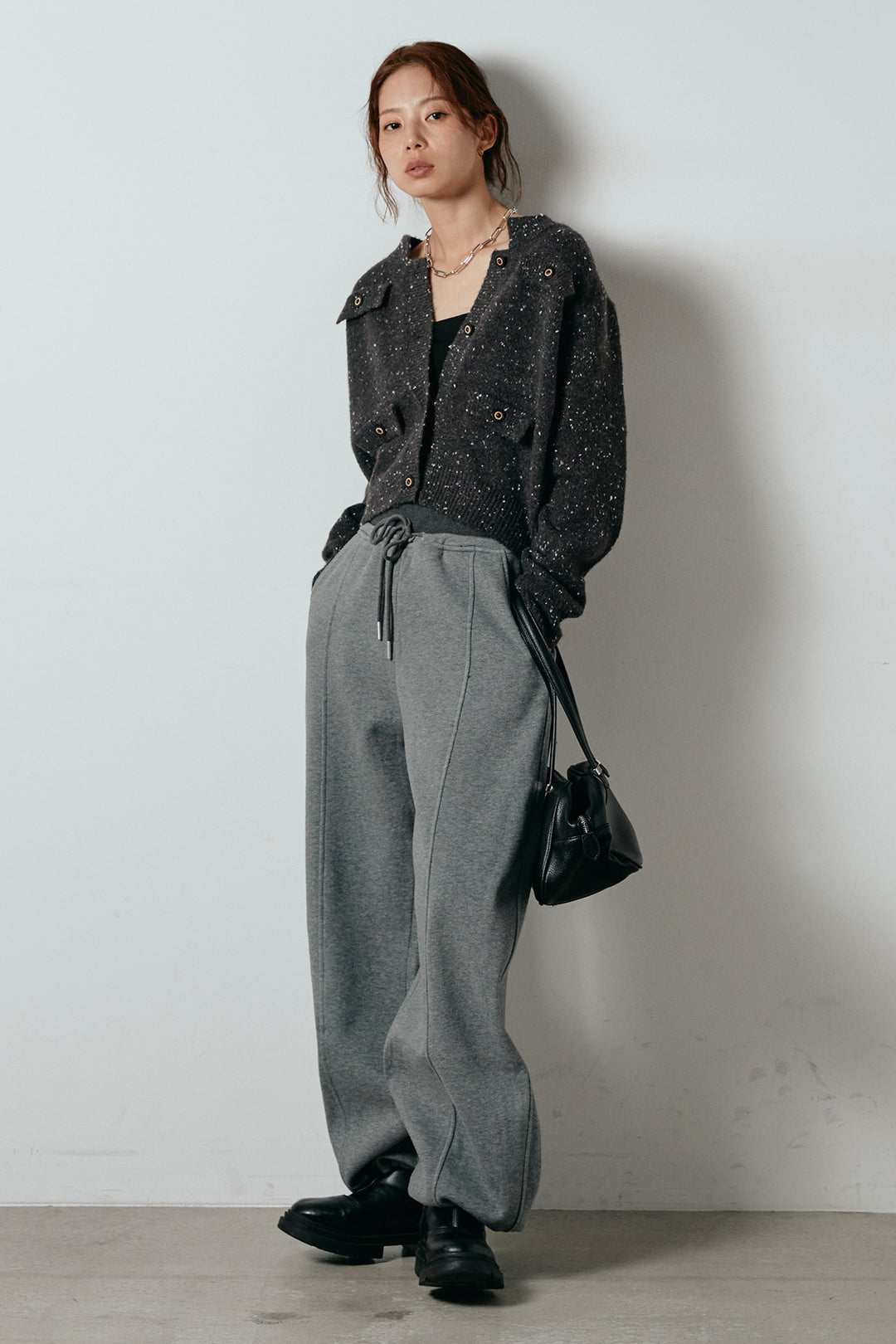 [SET]ネップニットカーディガン+スウェットワイドカーブパンツ(2set)