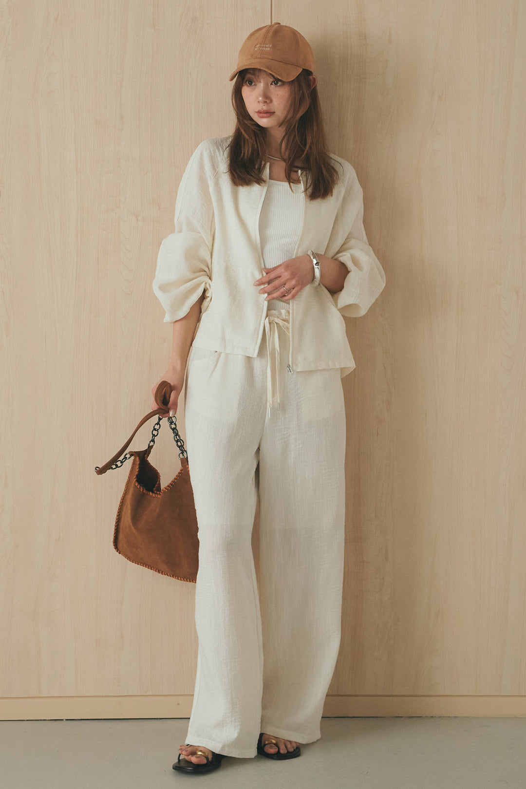 [SET]麻混ノーカラーブルゾン+麻混ウエストドロストパンツ(2set)