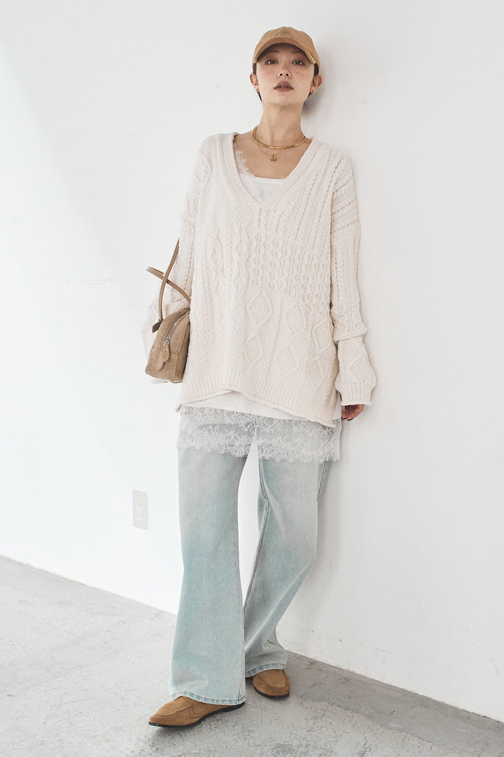 [SET]ケーブルVニットセーター+デニムサイドカットパンツ(2set)