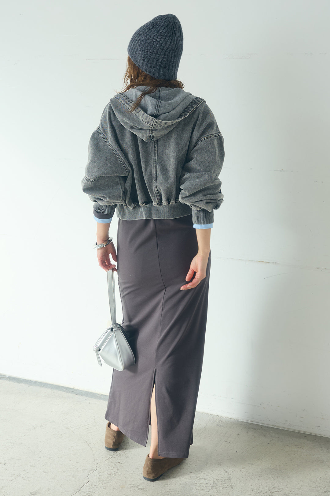 [SET]デニムダブルジップパーカーブルゾン+レイヤード見えヘンリーネックロングワンピース(2set)