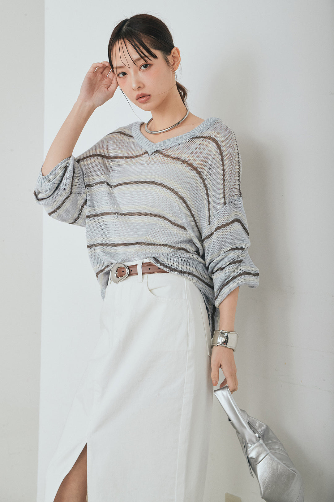 [SET]綿タッチVネックボーダートップス+裾レースデザインデニムスカート(2set)