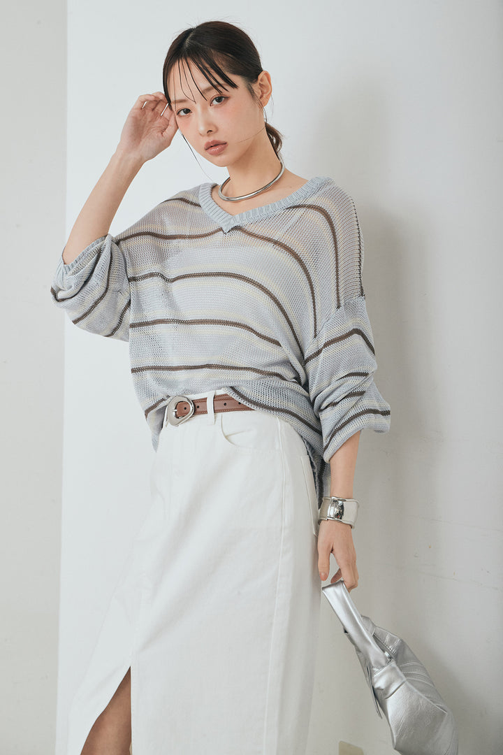 [SET]綿タッチVネックボーダートップス+裾レースデザインデニムスカート(2set)