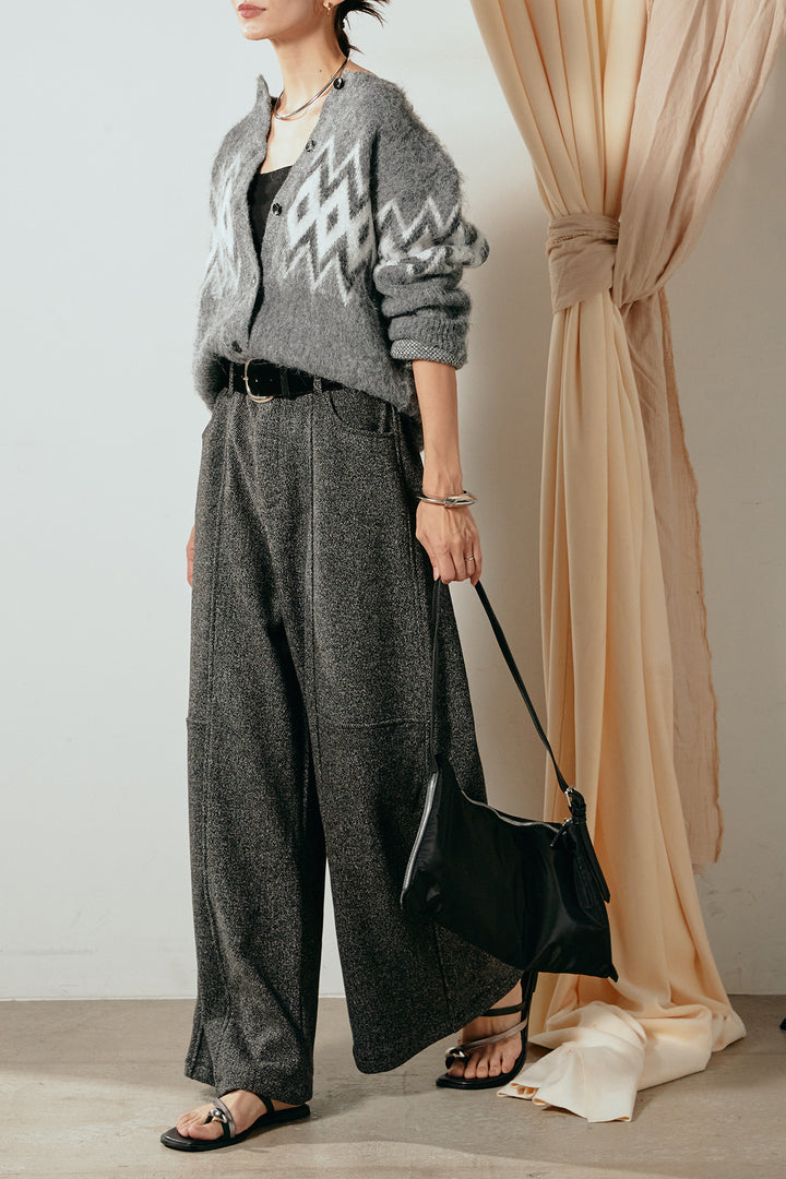 [SET]起毛ノルディック柄ニットカーディガン+太ベルト付きツイードワイドパンツ(2set)