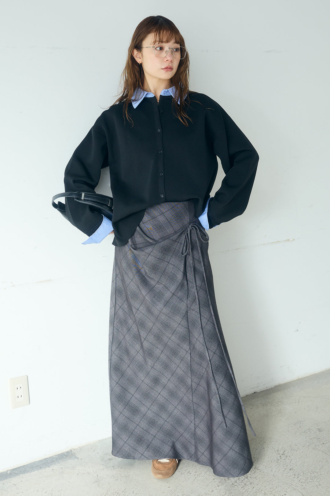 [SET]シャツレイヤード風カーディガン+タータンチェック柄フロントデザインスカート(2set)
