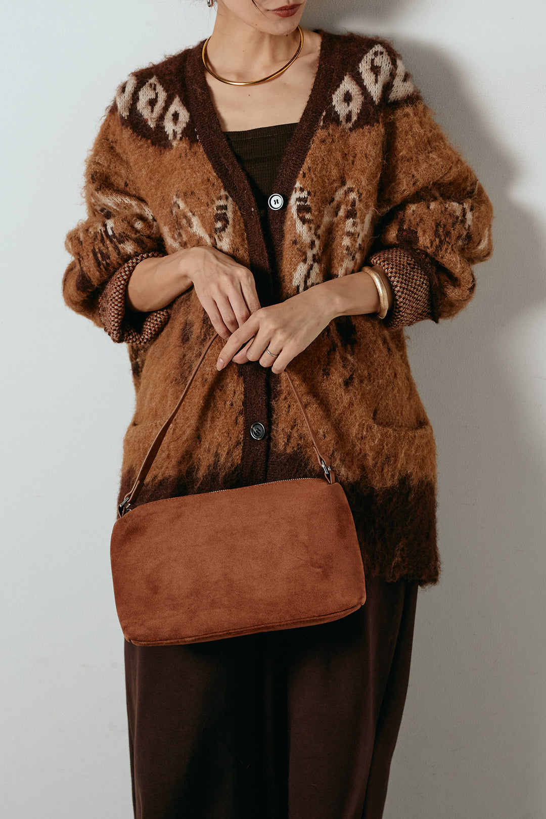 [SET]シャギーニュアンス柄ニットカーディガン+裏起毛スウェットワイドパンツ(2set)