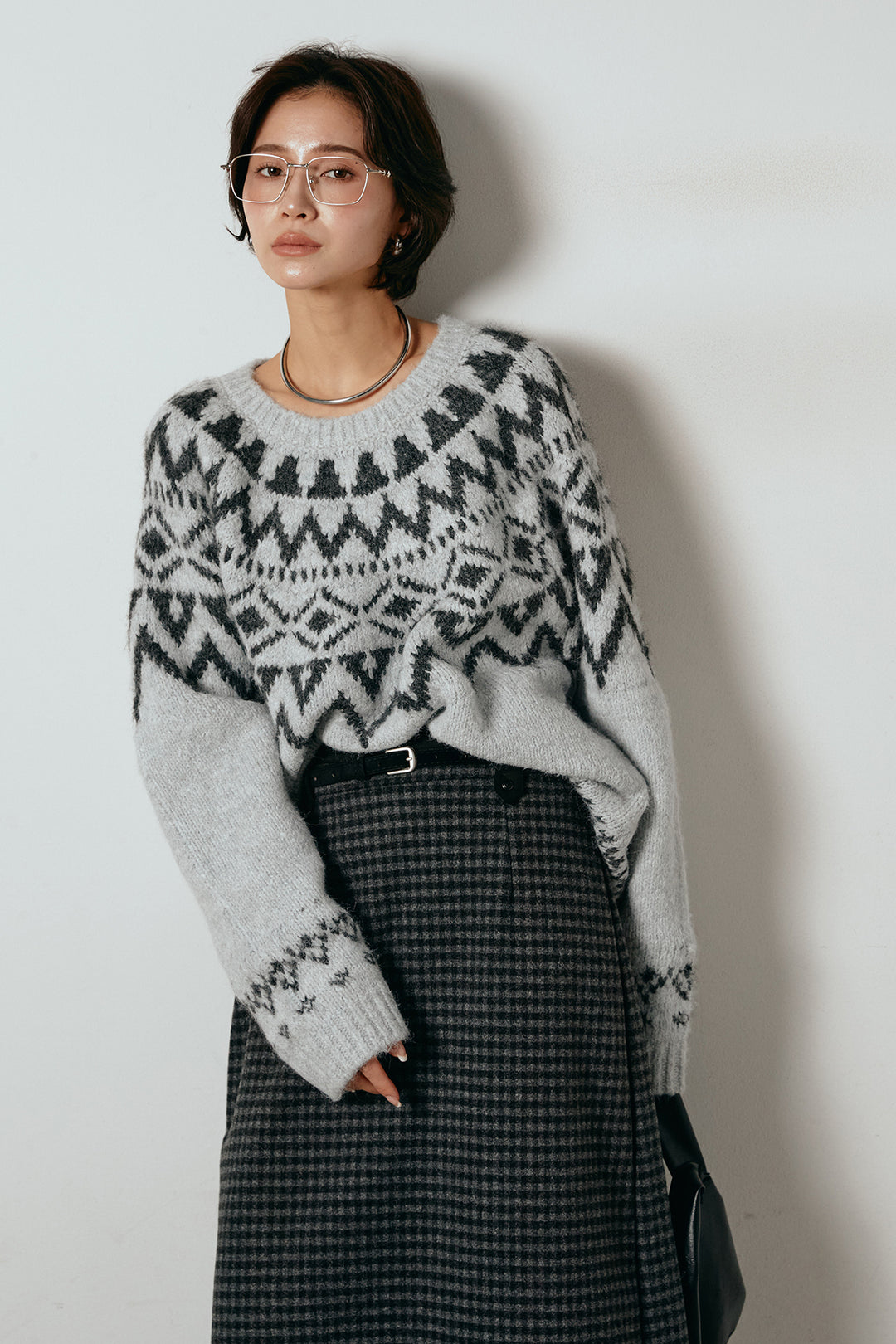 [SET]ノルディック柄Uネックプルオーバー+スエード調ベルト付きチェックナロースカート(2set)