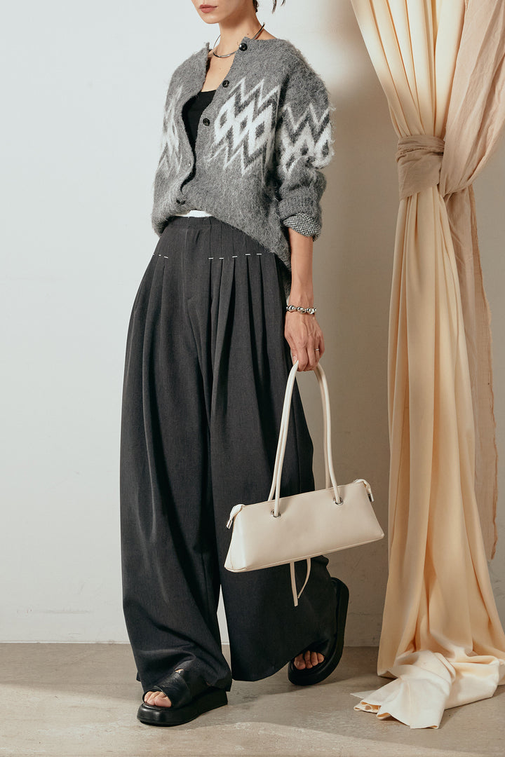 [SET]起毛ノルディック柄ニットカーディガン+ウエストステッチデザインワイドスラックス(2set)