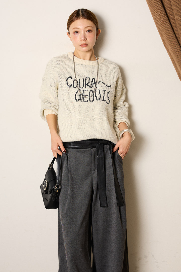 [SET]ロゴシャギーニットプルオーバー+巻ベルトウエストレザーライクワイドパンツ(2set)