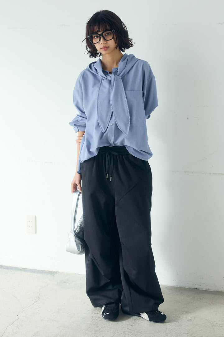 [SET]無地タイ付フーディーBIGシャツ+ランダムタックデザインワイドパンツ(2set)