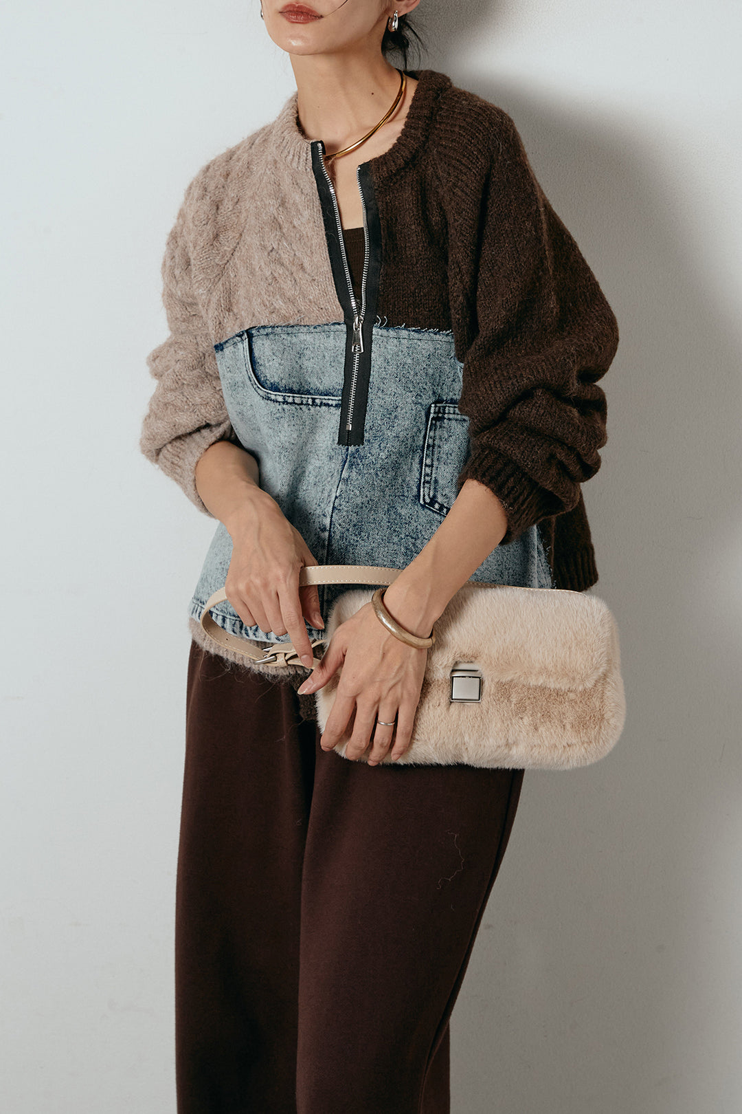 [SET]ハーフジップニットデニムドッキングトップス+裏起毛スウェットワイドパンツ(2set)