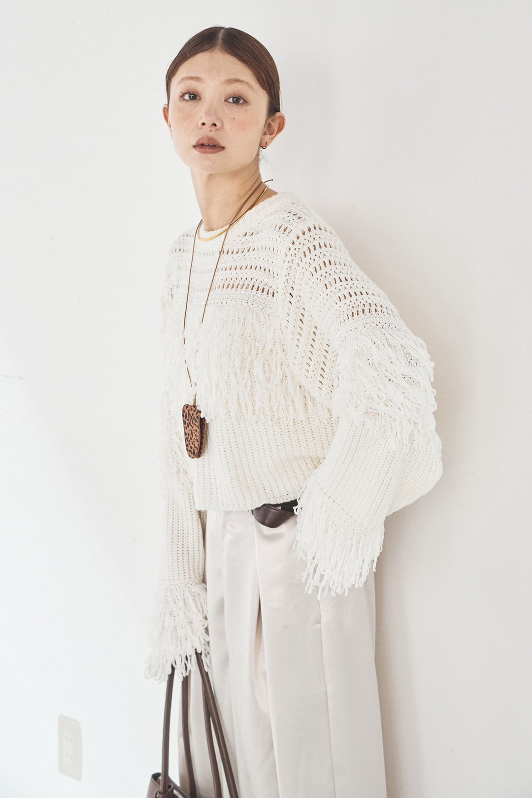 [SET]メッシュフリンジ切り替えプルオーバー+サテンタックワイドパンツ(2set)