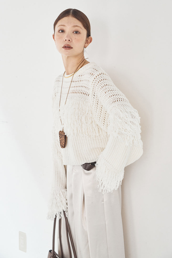 [SET]メッシュフリンジ切り替えプルオーバー+サテンタックワイドパンツ(2set)