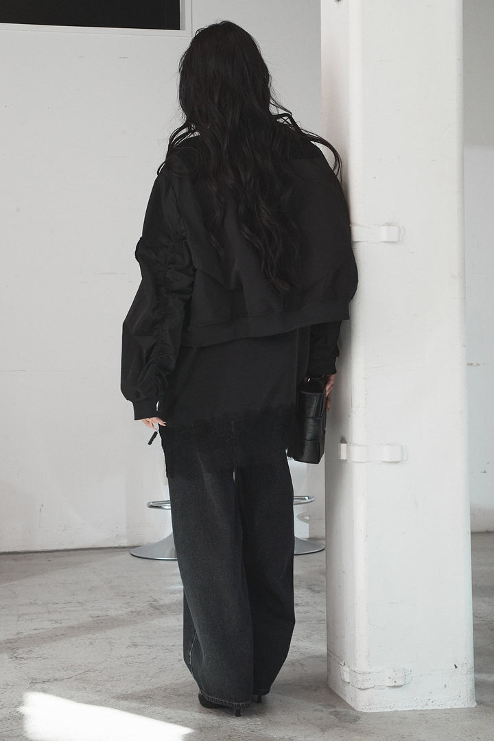 [SET]袖ギャザーデザインブルゾン+レース切り替えキャミソール+デニムアシメカーブパンツ(3set)