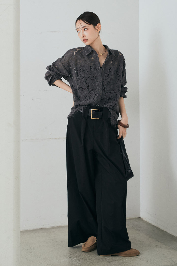 [SET]レース裾スカラップシャツ+ベルトループデザインハイウエストタックパンツ(2set)